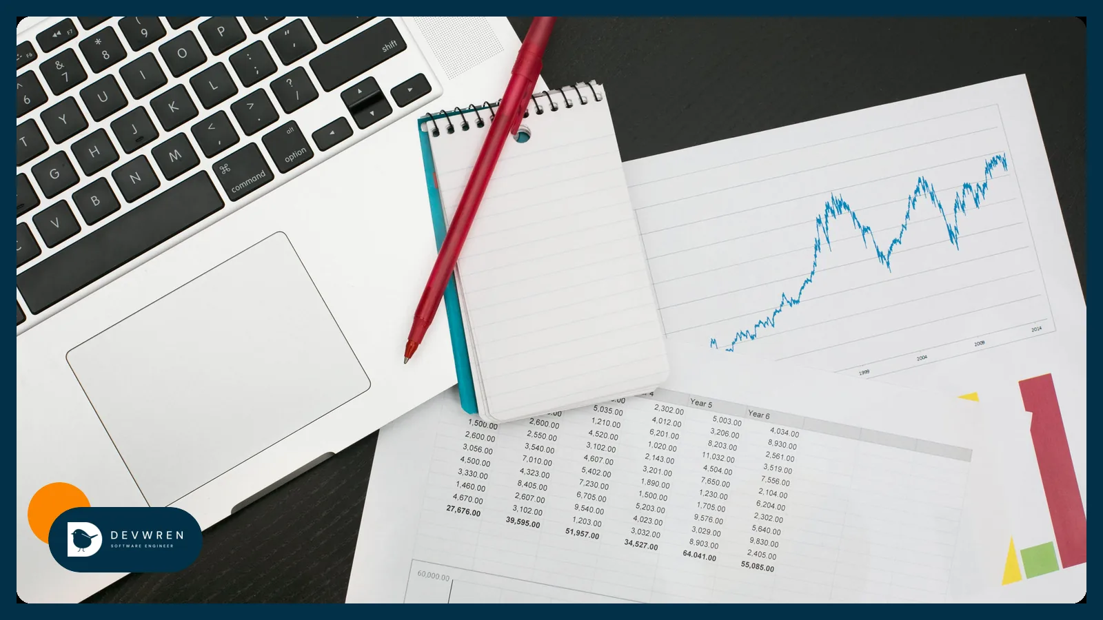 A laptop beside printed budget charts, a notepad and a pen