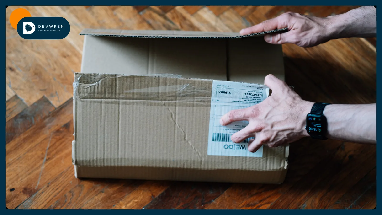 Hands opening a returned cardboard box with a shipping label