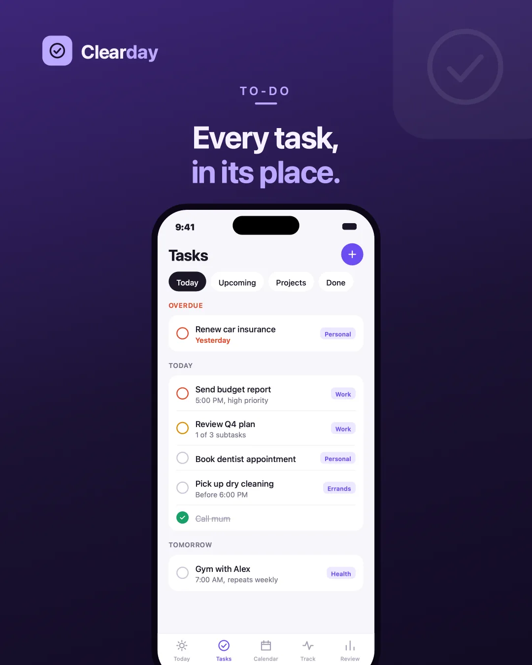 Clearday Tasks — Overdue, today and tomorrow, each with a time, a priority and the project it belongs to.