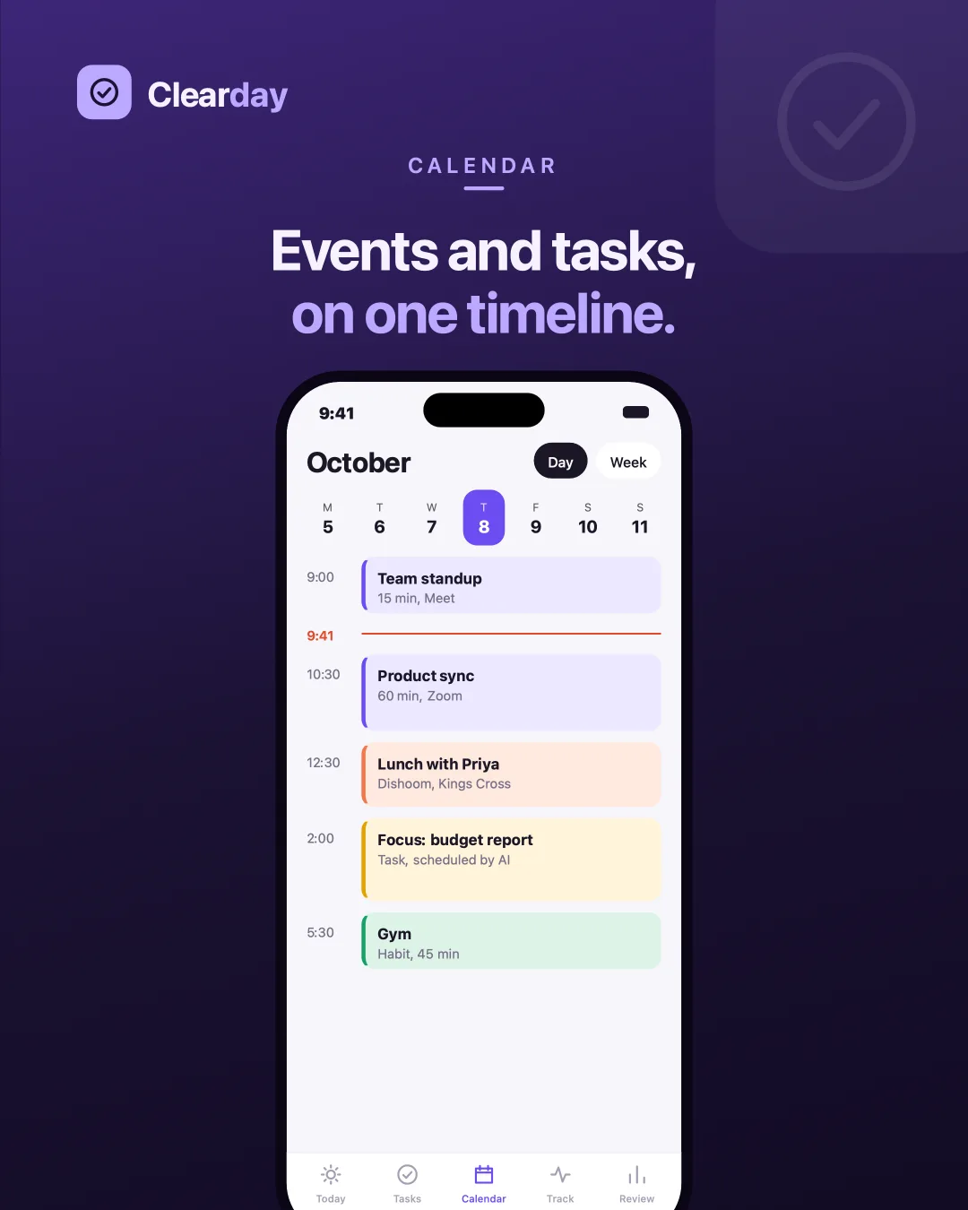 Clearday Calendar — Meetings, tasks and habits on one timeline, by day or by week.
