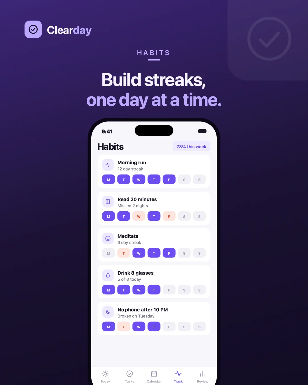 Clearday Habits — A streak and a week at a glance, including the days it broke.