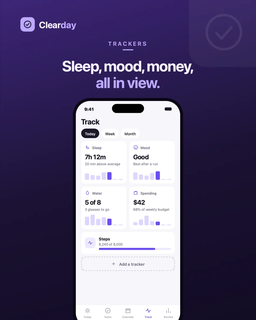 Clearday Trackers — Sleep, mood, water, spending and steps, each against its own recent average.