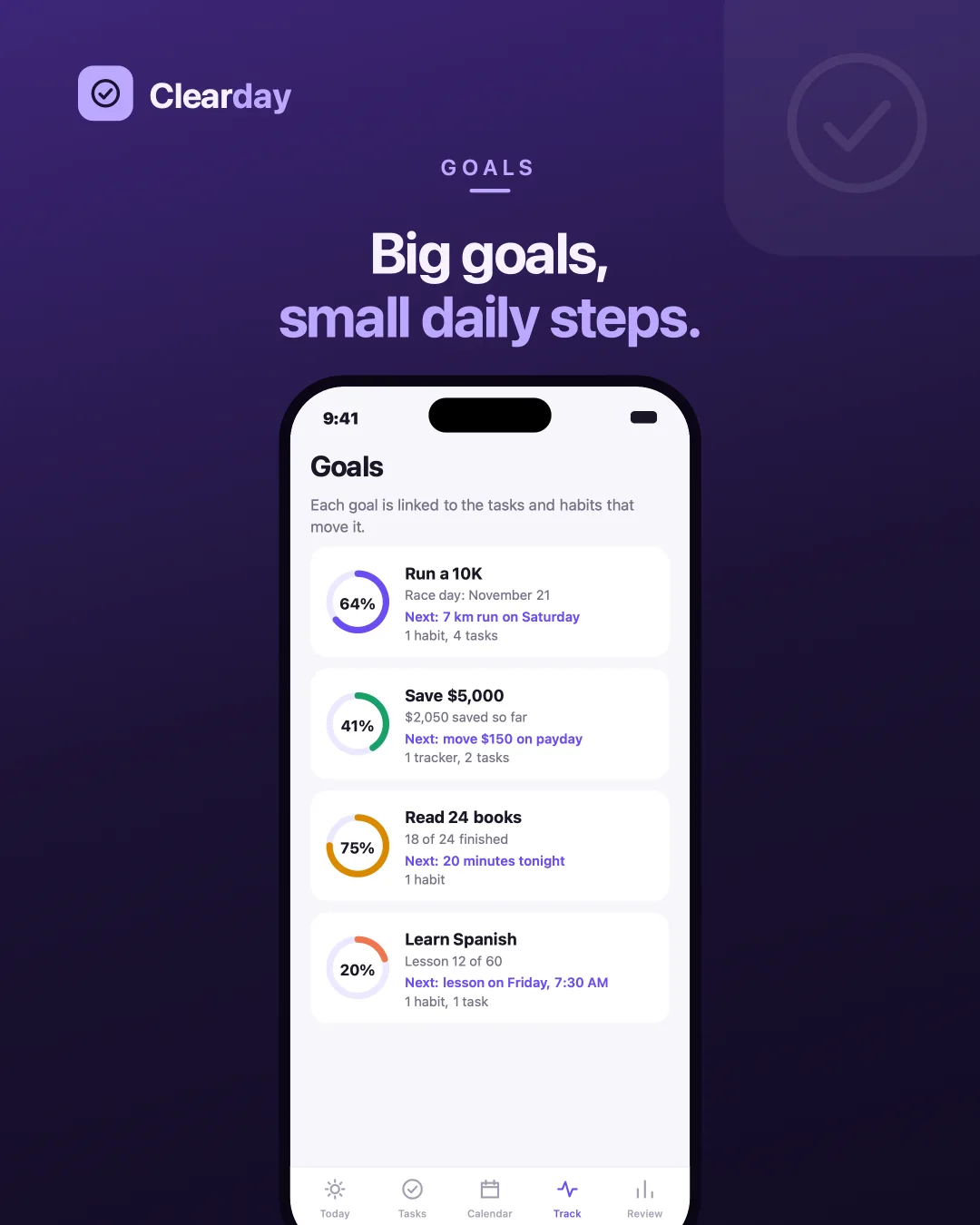 Clearday Goals — A percentage, the tasks and habits feeding it, and the literal next step.