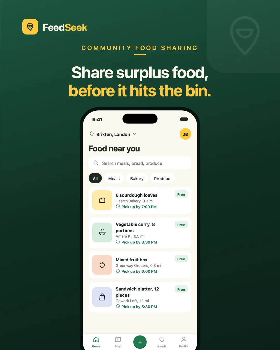 FeedSeek Food near you — The feed: what is going spare nearby, who has it, how far, and until when.