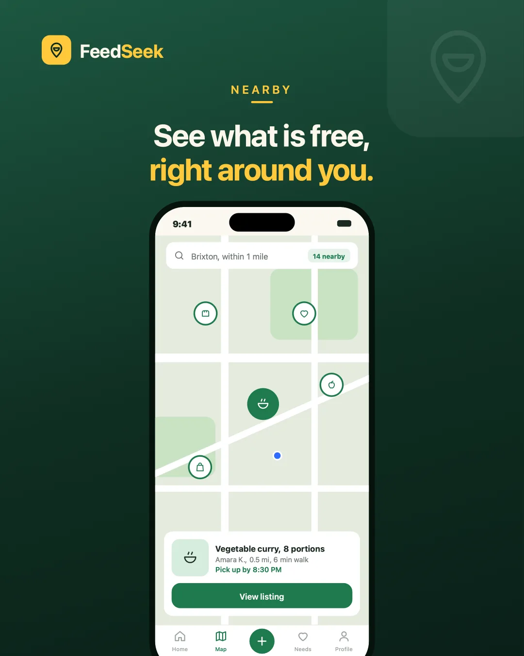 FeedSeek Map — See what is free right around you, with distance and time left.