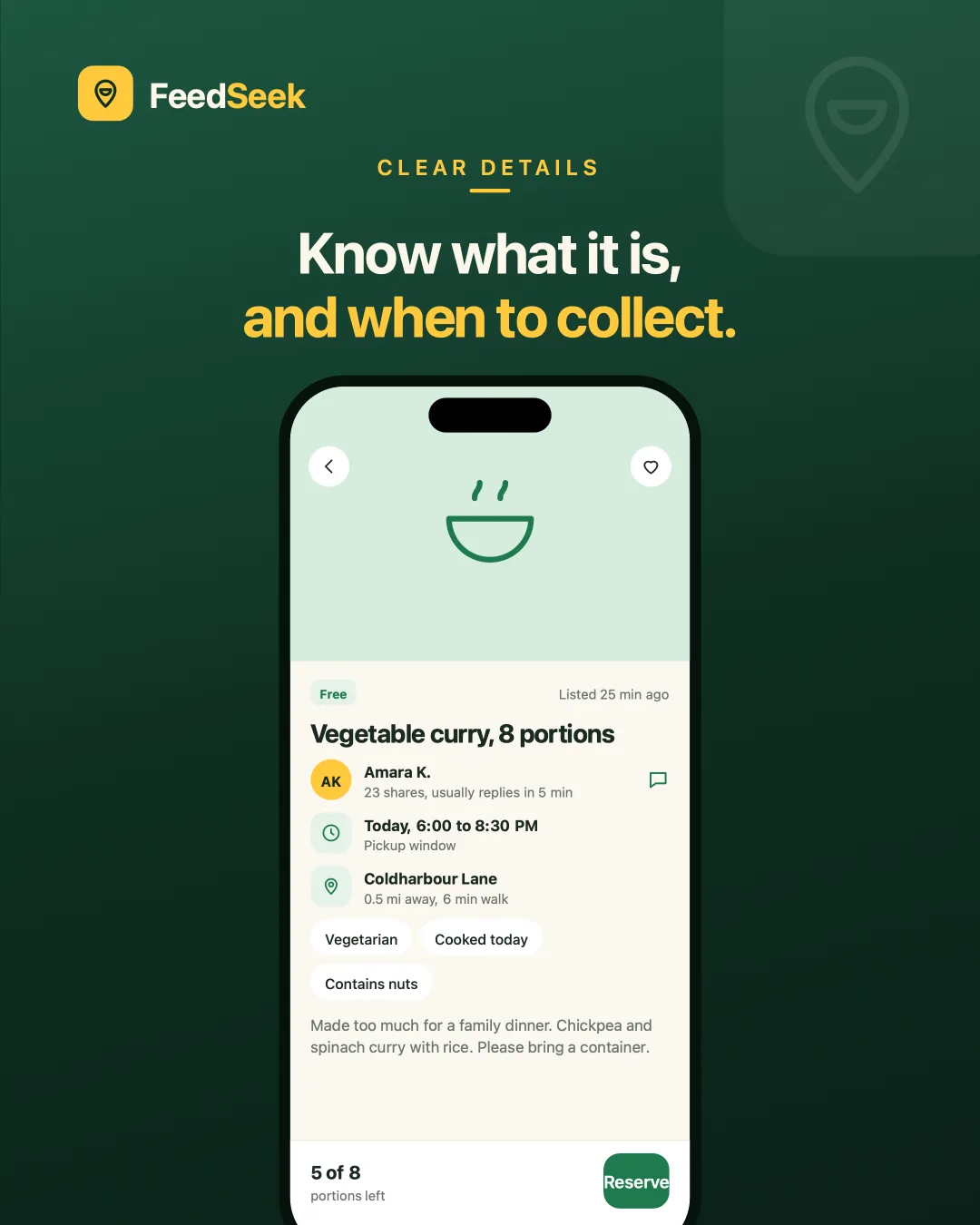FeedSeek Listing — Know what it is, how much there is, and when it has to be collected.