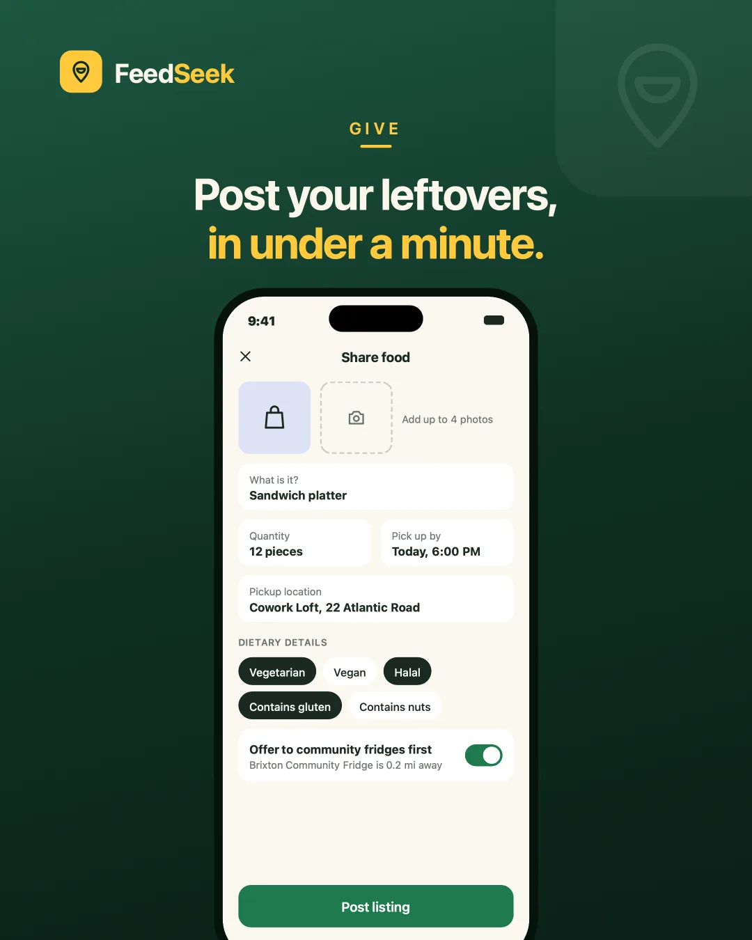 FeedSeek Share food — Post leftovers in under a minute — the step that has to be effortless.