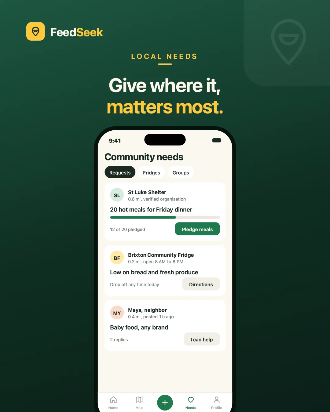 FeedSeek Community needs — What the area is short of, so giving can follow demand.