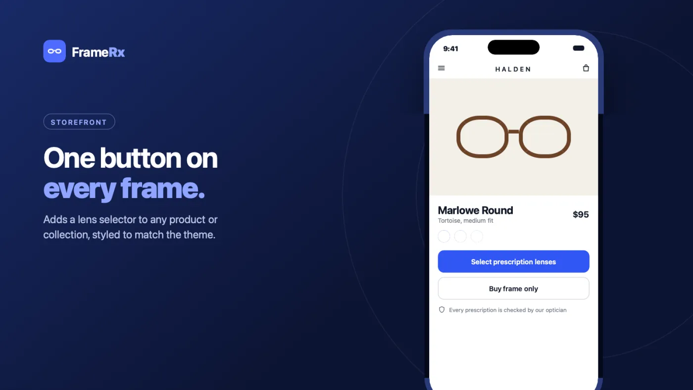 FrameRx Product page — Adds a lens selector to any product or collection, styled to match the theme.