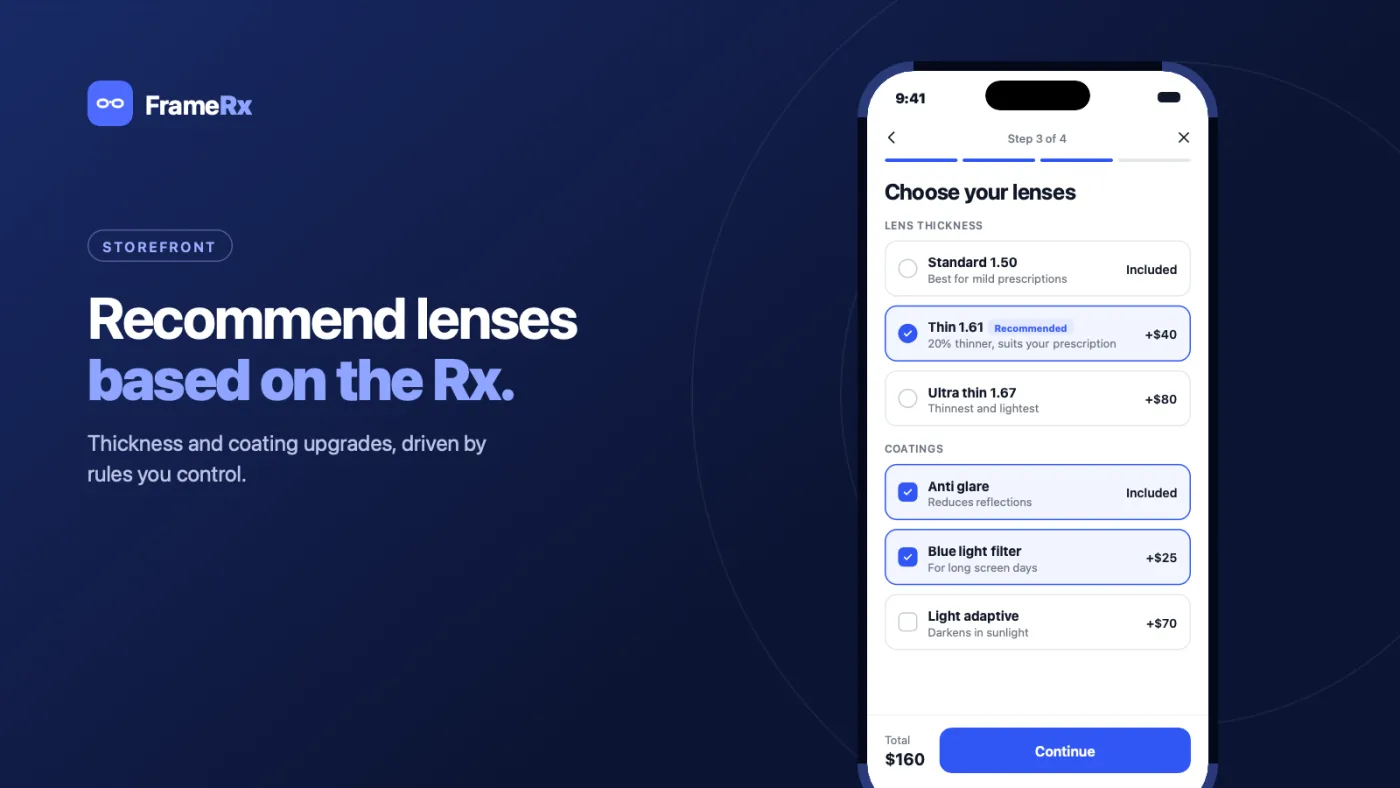 FrameRx Lenses and coatings — Thickness and coating upgrades, driven by rules the merchant controls.