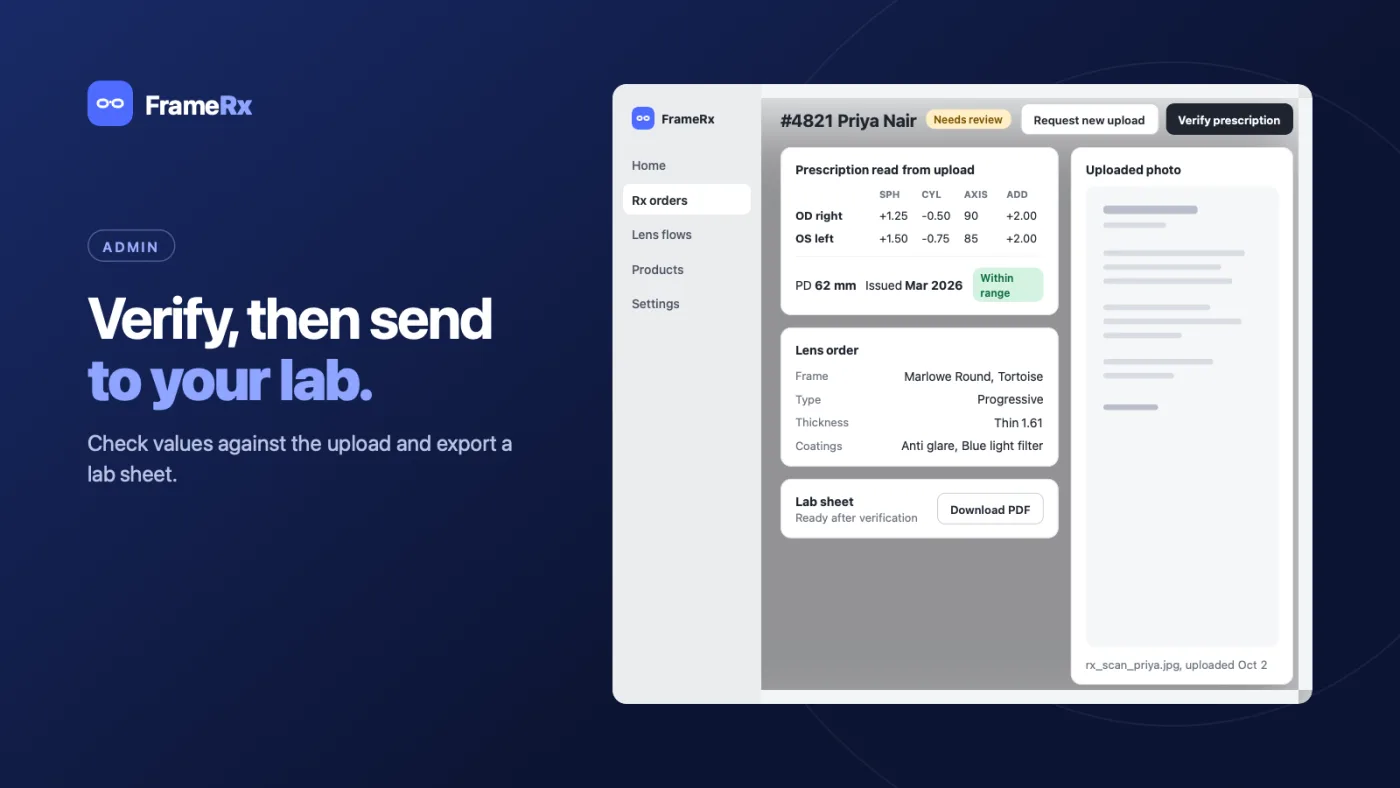 FrameRx Order verification — Check the typed values against the upload, then export a lab sheet.