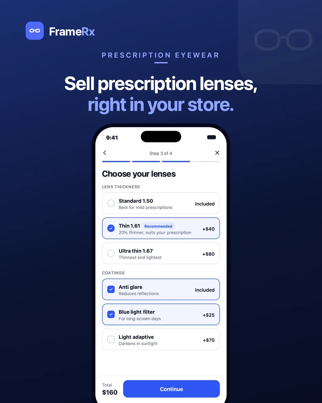 FrameRx — A Shopify app that lets any eyewear store sell prescription lenses, with a no-code rule builder behind the flow.