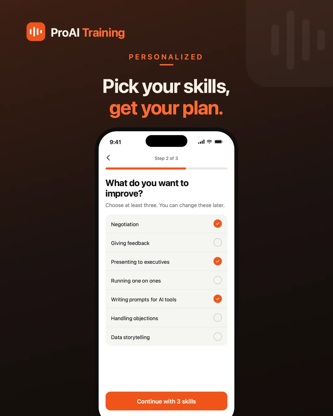 ProAI Training Choose skills screen — Pick at least three — negotiation, presenting to executives, giving feedback.