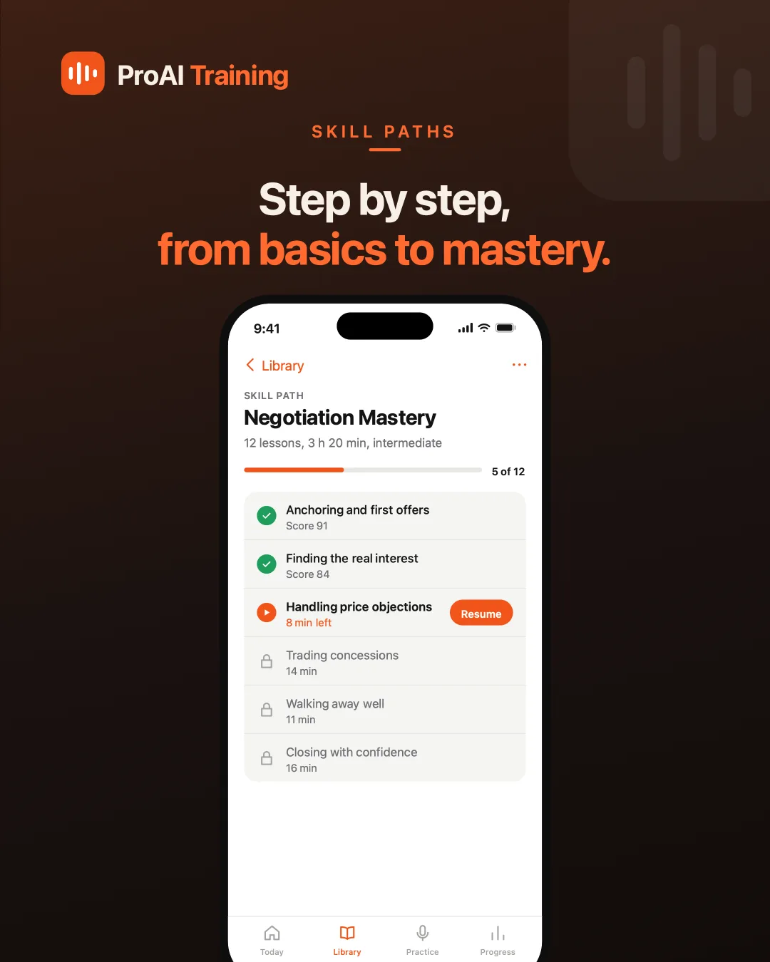 ProAI Training Skill path screen — Twelve lessons in order, each scored, the next one locked until the last is done.