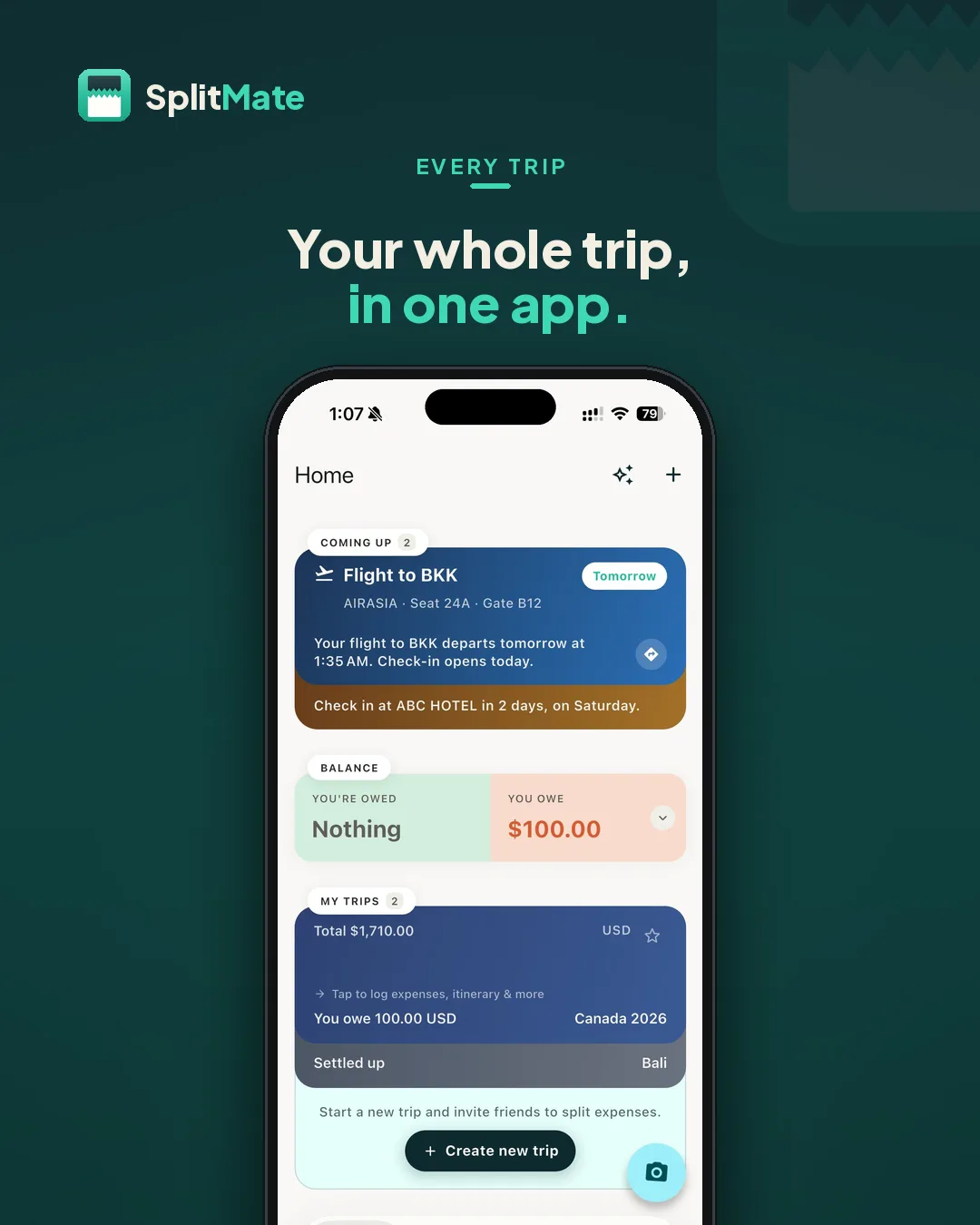 SplitMate home screen: the next flight, what you owe, and every trip in one list.