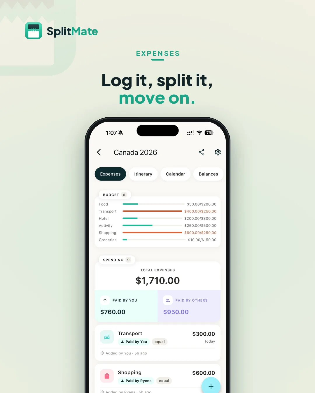 SplitMate Add an expense screen — Who paid, how to split it, done — the running total updates itself.