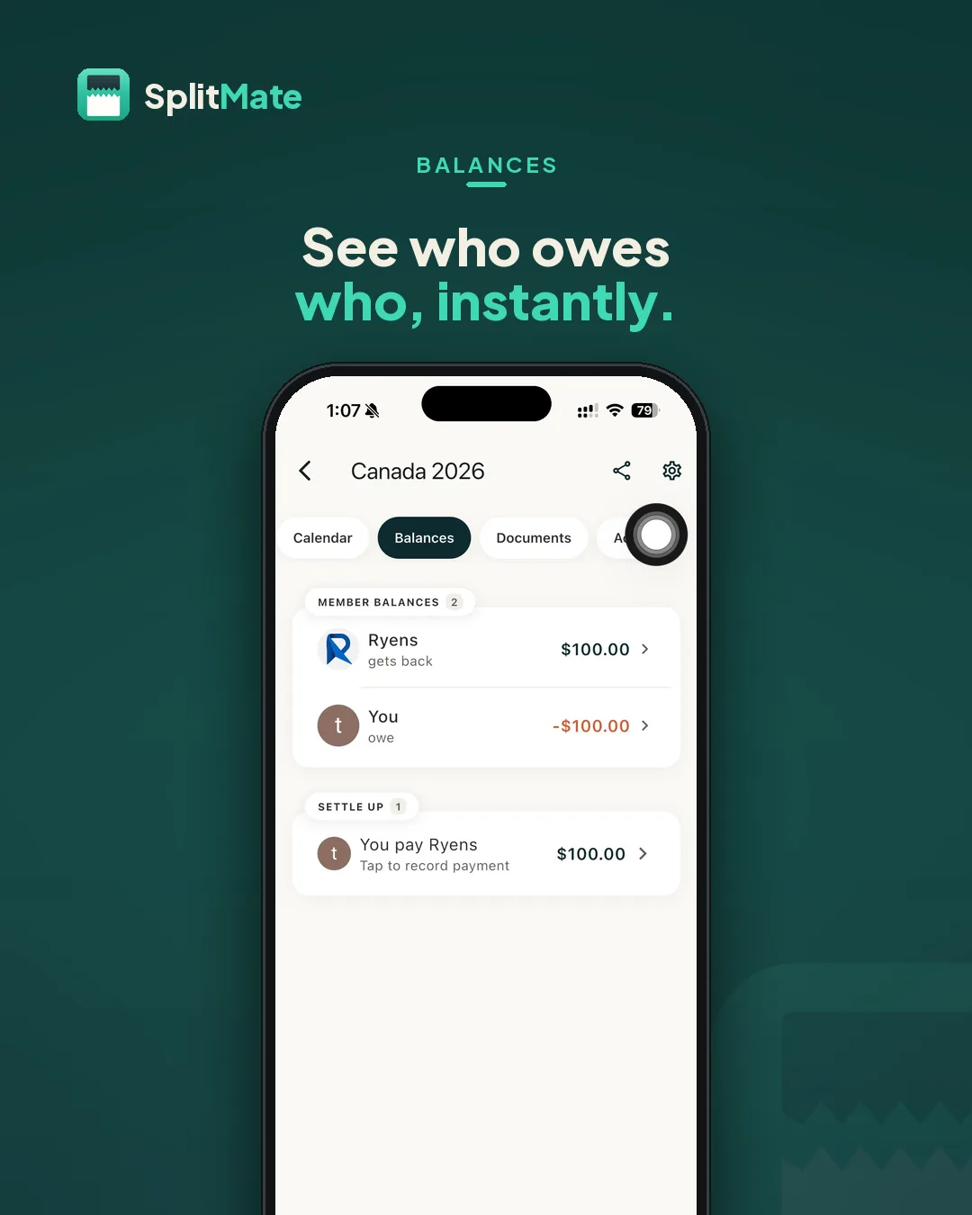 SplitMate Balances screen — Member balances, and the shortest path to settling up.