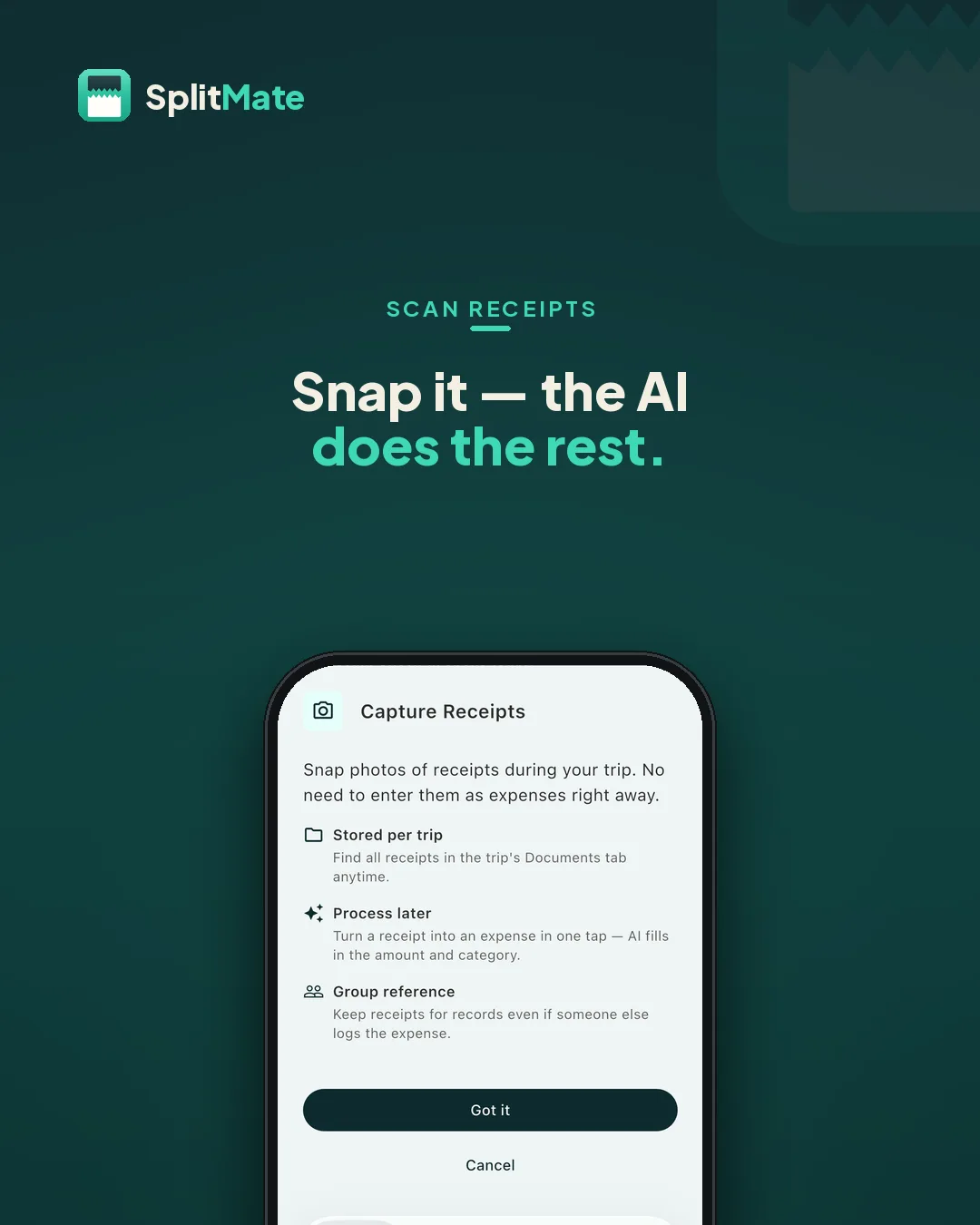 SplitMate Receipt capture screen — Snap the receipt now, turn it into an expense later in one tap.