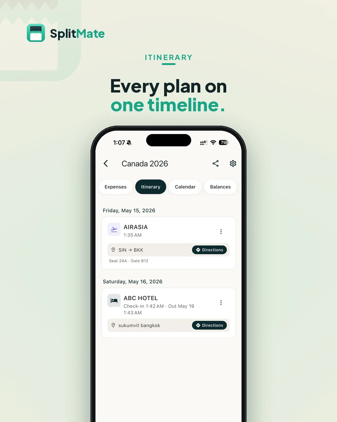 SplitMate Itinerary screen — Flights, hotels and activities in order, with live countdowns.