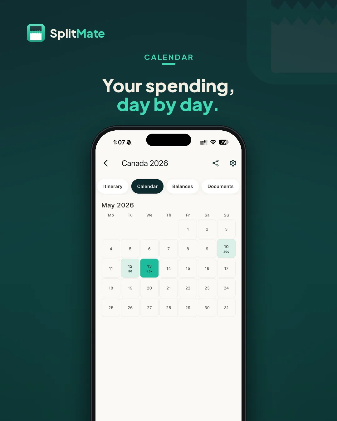 SplitMate Calendar screen — What the trip cost, day by day.