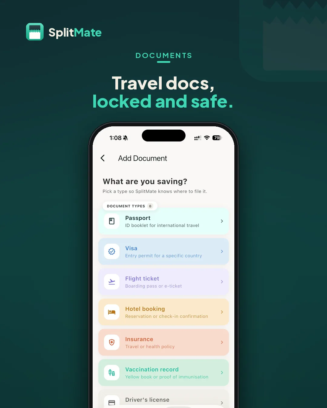 SplitMate Document vault screen — Passports, visas and insurance, stored on-device behind Face ID.