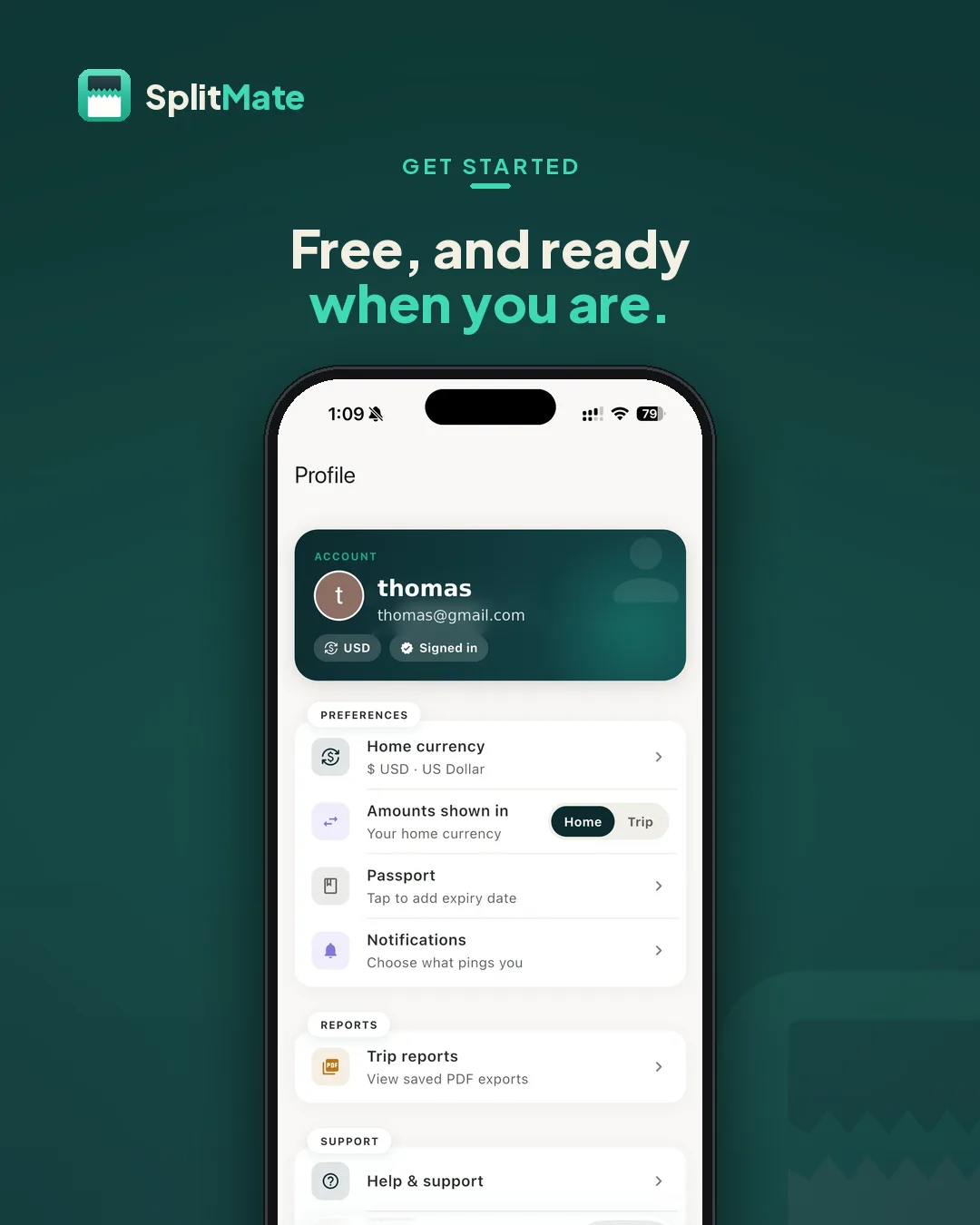 SplitMate Setup screen — Profile and home currency — the whole setup takes under a minute.